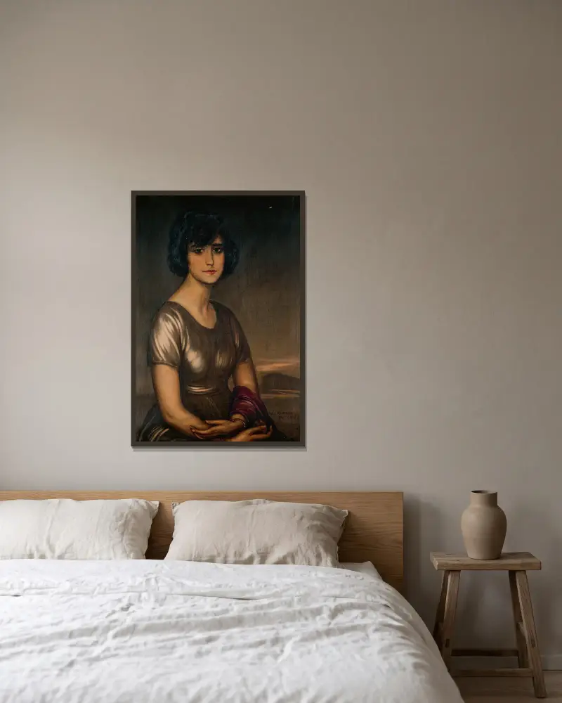Portrét mladé dámy, Julio Romero De Torres v rámu na stěně