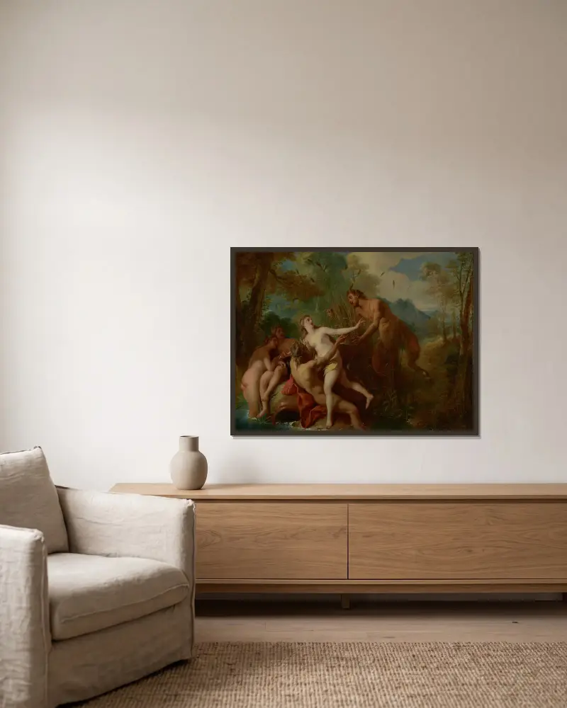 Pan and Syrinx, 1722 av Jean-François de Troy inramad på en vägg