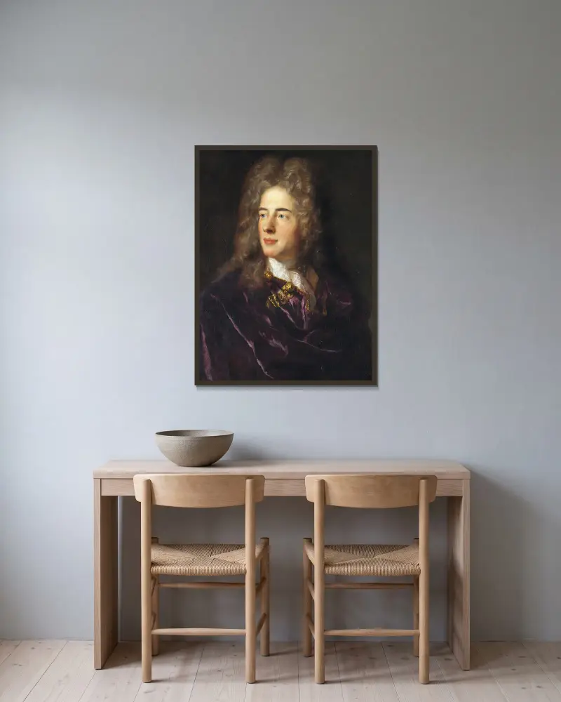 Portræt af miniaturemaler Jacques-Antoine Arlaud av Jean-François de Troy inramad på en vägg