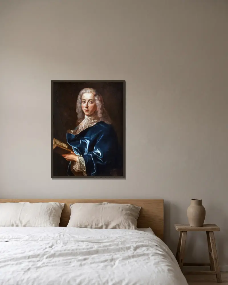 Porträtt av en man i blå kappa med bok av Jean-François de Troy inramad på en vägg