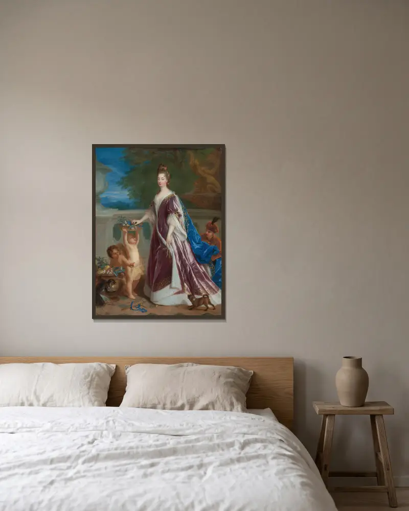 Porträtt av Elisabeth-Charlotte av Bayern, prinsessan Palatina av Jean-François de Troy inramad på en vägg