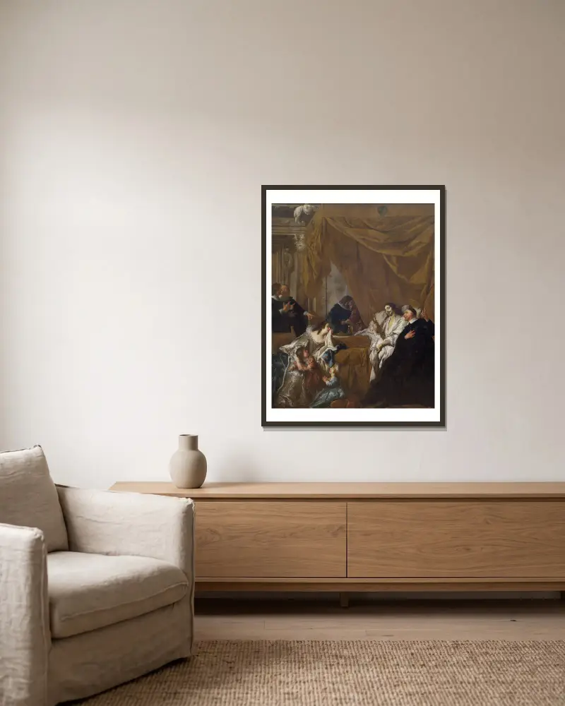 Der heilige Vinzenz von Paul am Sterbebett Ludwigs XIII. von Jean-François de Troy gerahmt an einer Wand