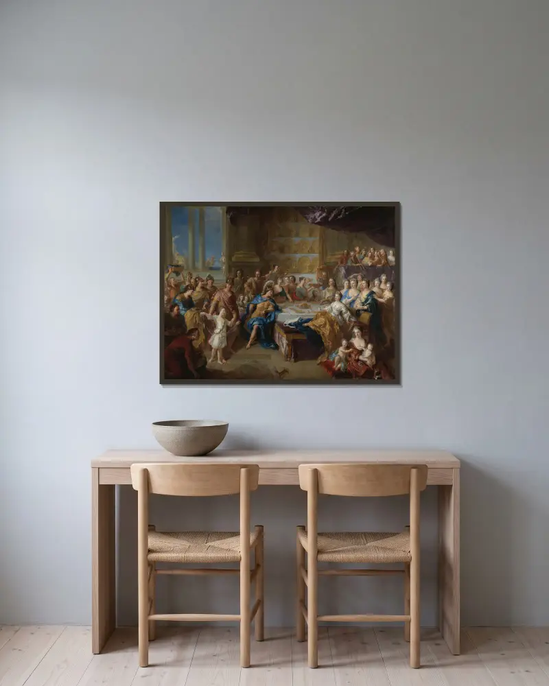 Das Fest der Dido und des Aeneas; ein allegorisches Porträt der Familie des Herzogs und der Herzogin du Maine von Jean-François de Troy gerahmt an einer Wand