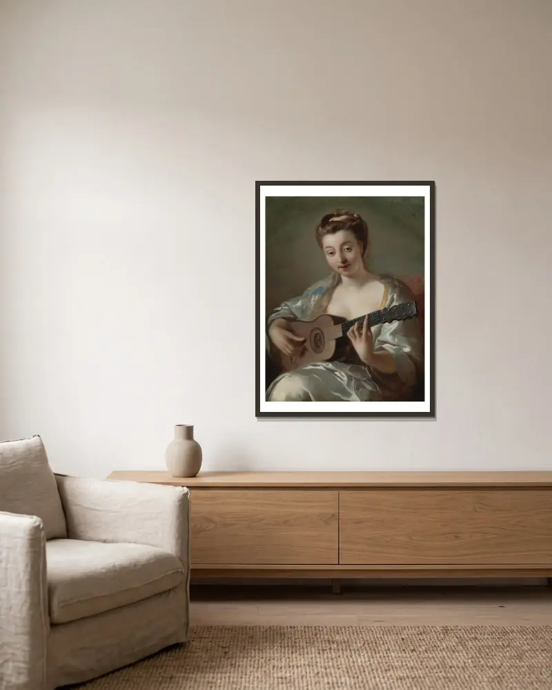 Der Gitarrenspieler von Jean-François de Troy gerahmt an einer Wand
