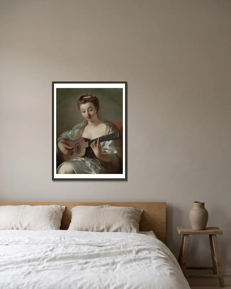 Der Gitarrenspieler von Jean-François de Troy gerahmt an einer Wand
