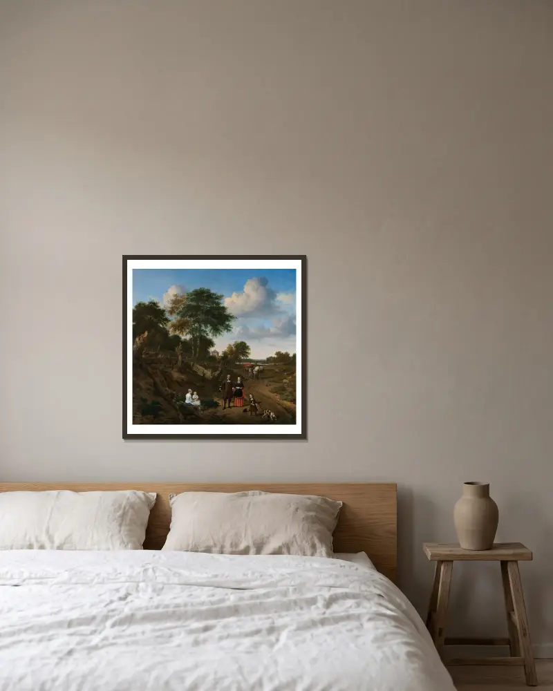 Porträtt av ett par med två barn och en barnflicka i landskap av Adriaen van de Velde inramad på en vägg