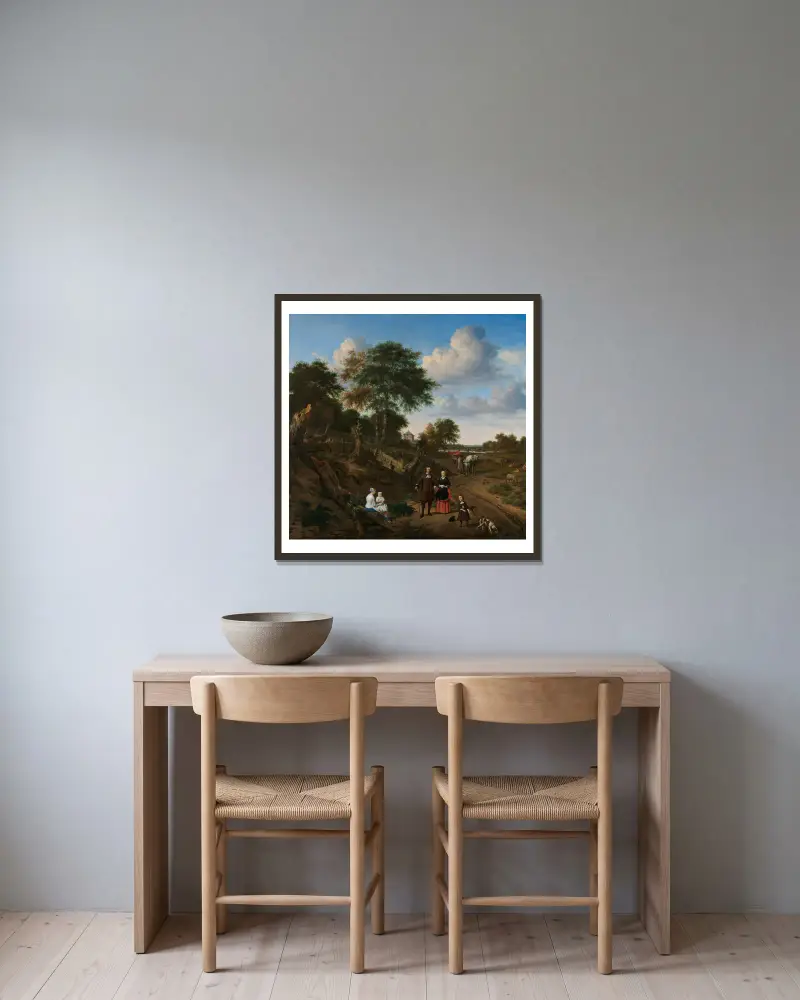 Porträtt av ett par med två barn och en barnflicka i landskap av Adriaen van de Velde inramad på en vägg