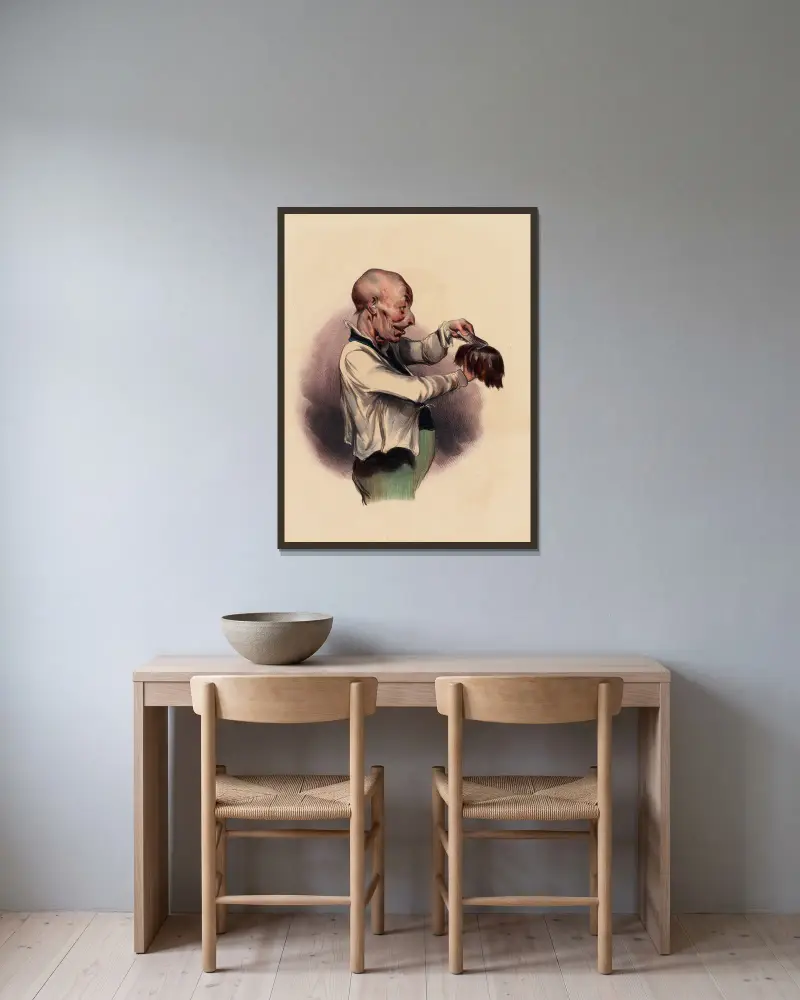 Berömd peruk av Charles-Joseph Traviès de Villers inramad på en vägg