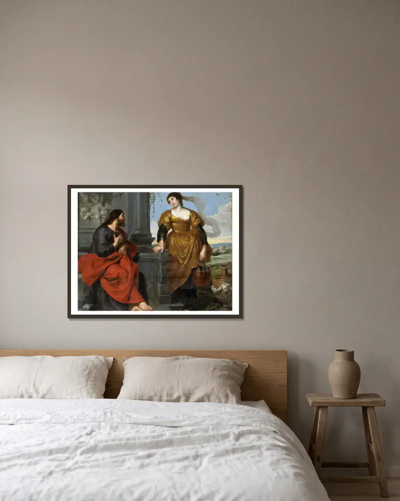Christus und die Samariterin von Cornelis de Vos gerahmt an einer Wand