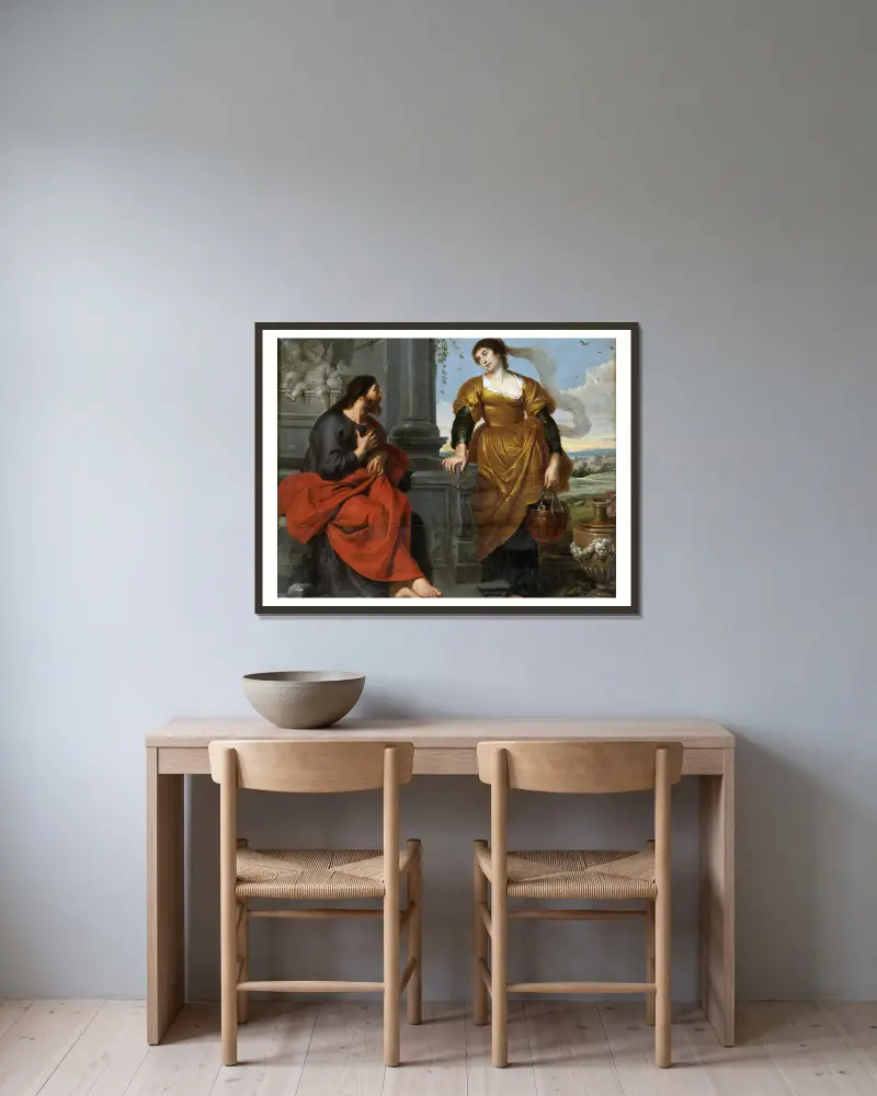 Christus und die Samariterin von Cornelis de Vos gerahmt an einer Wand