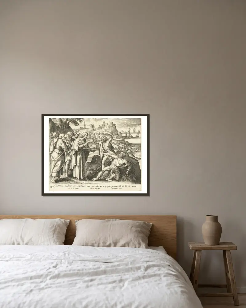 Christus heilt zwei Besessene im Gebiet der Gerasener von Maerten De Vos gerahmt an einer Wand