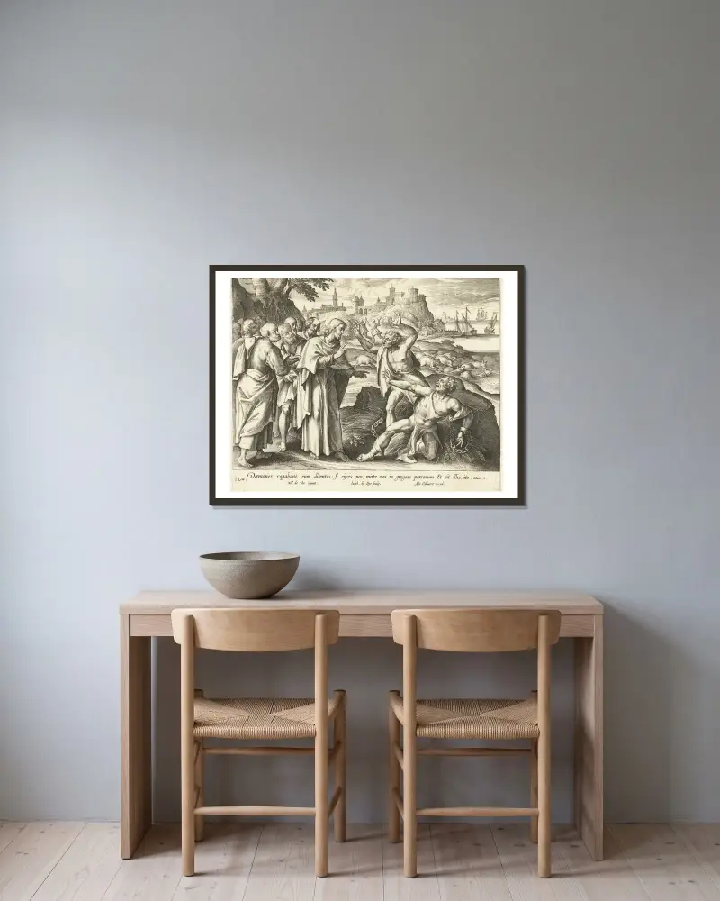 Christus heilt zwei Besessene im Gebiet der Gerasener von Maerten De Vos gerahmt an einer Wand