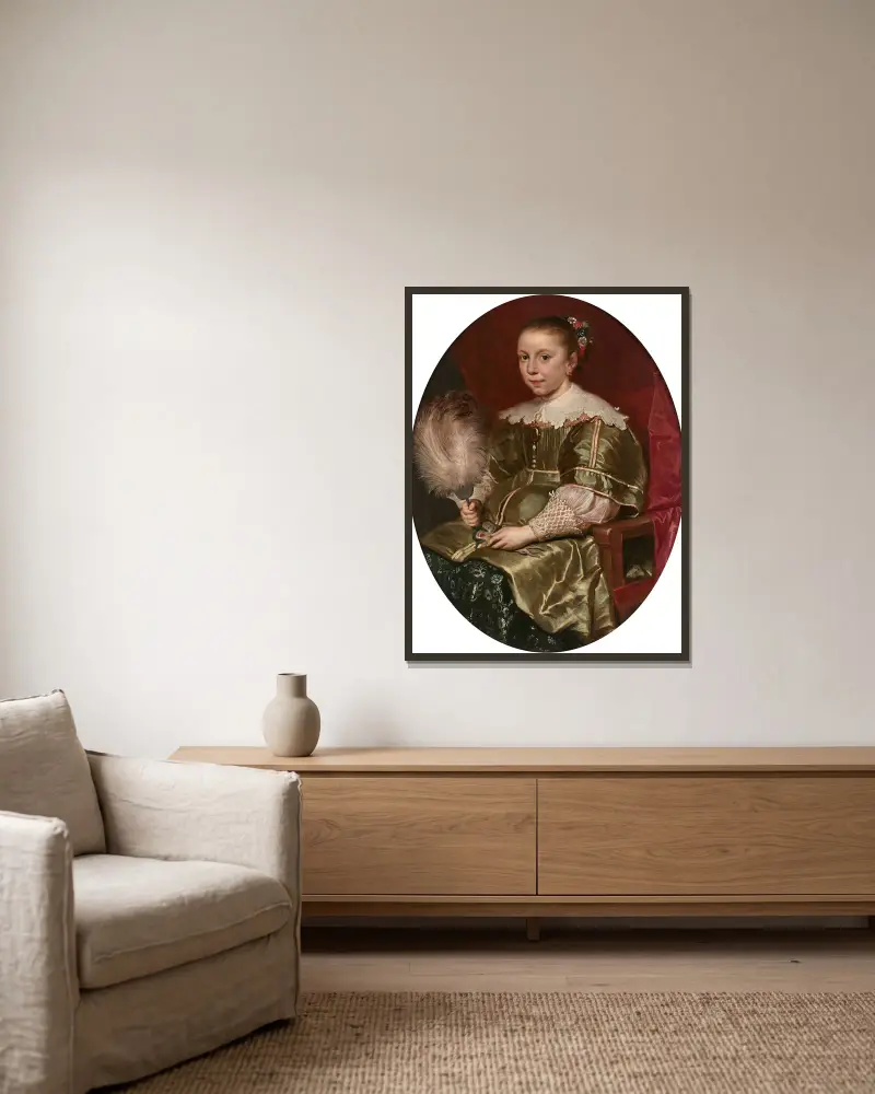 Porträtt av ung flicka med solfjäder av Cornelis de Vos inramad på en vägg