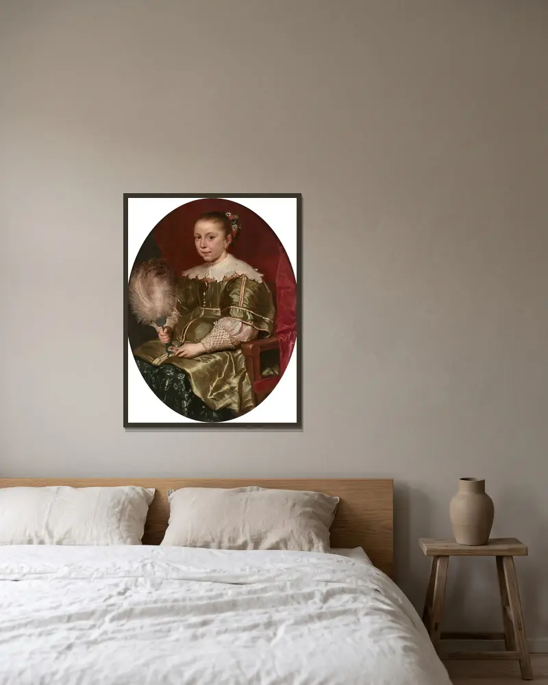 Porträtt av ung flicka med solfjäder av Cornelis de Vos inramad på en vägg