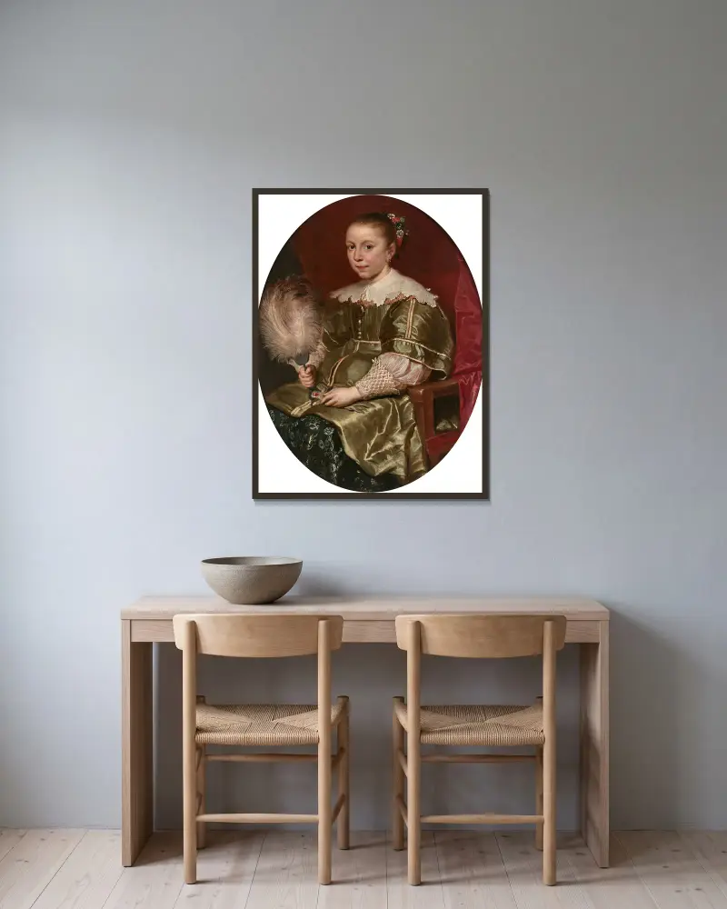 Porträtt av ung flicka med solfjäder av Cornelis de Vos inramad på en vägg