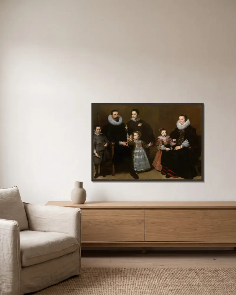 Porträtt av en familj av Cornelis de Vos inramad på en vägg