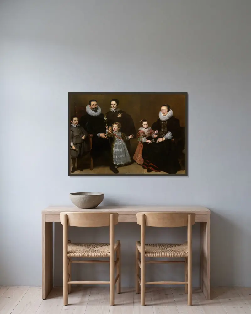 Porträtt av en familj av Cornelis de Vos inramad på en vägg