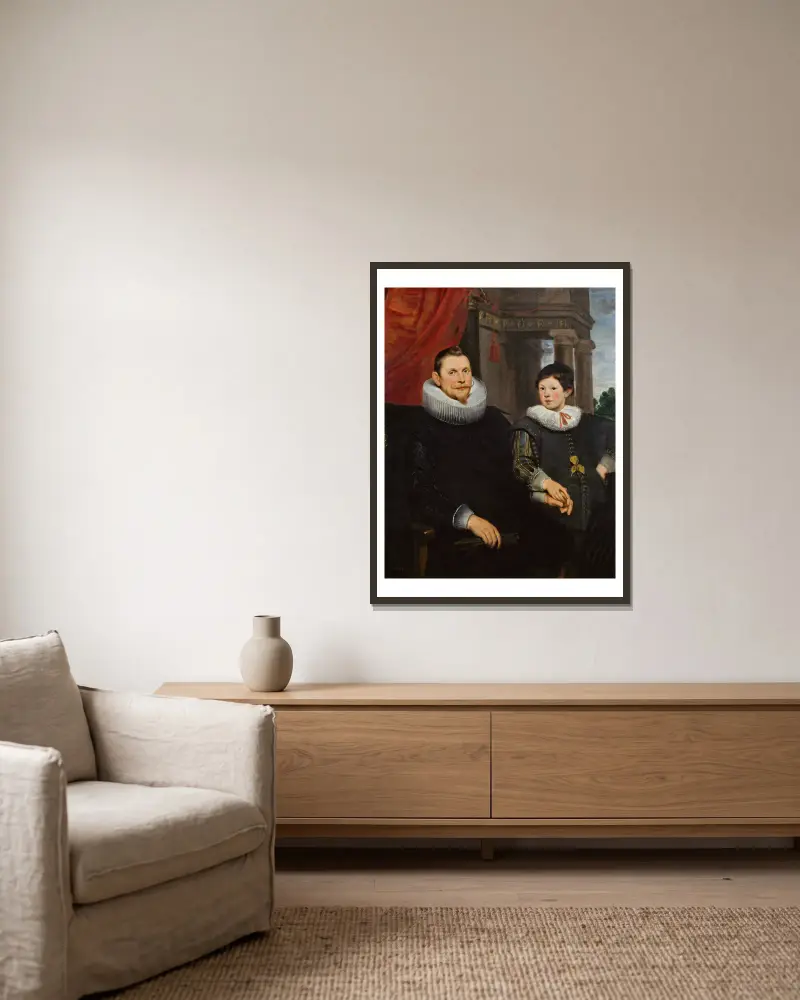 Porträt eines Vaters mit seinem Sohn von Cornelis de Vos gerahmt an einer Wand