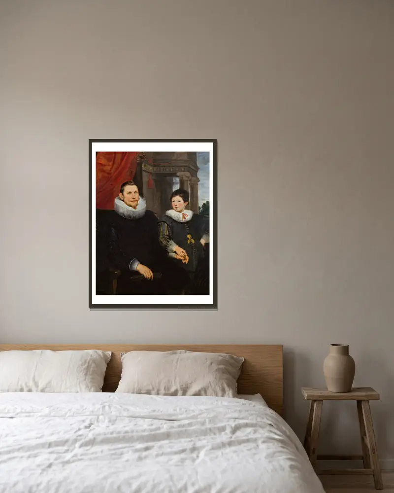 Porträt eines Vaters mit seinem Sohn von Cornelis de Vos gerahmt an einer Wand