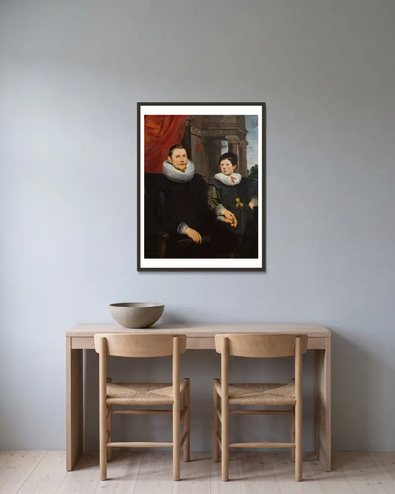 Porträt eines Vaters mit seinem Sohn von Cornelis de Vos gerahmt an einer Wand