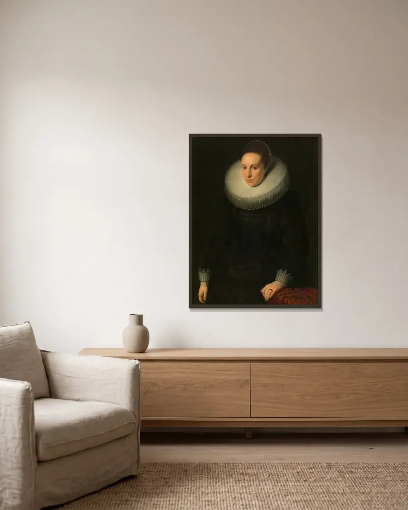 Porträtt av en kvinna, 1609 av Cornelis de Vos inramad på en vägg