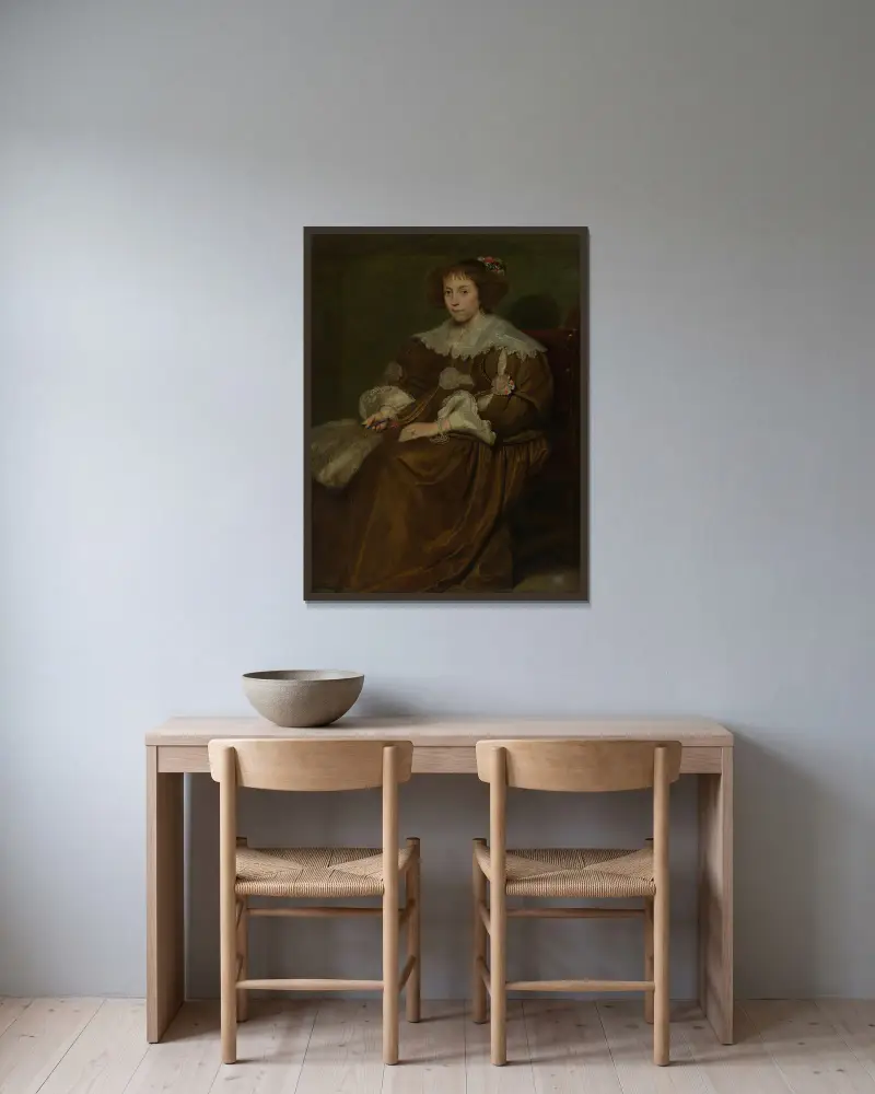 Porträtt av en ung kvinna av Cornelis de Vos inramad på en vägg