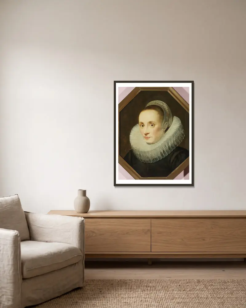 Porträtt av Margarita de Vos av Cornelis de Vos inramad på en vägg