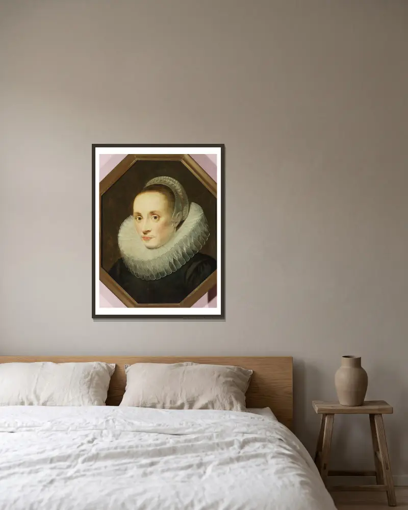 Porträtt av Margarita de Vos av Cornelis de Vos inramad på en vägg