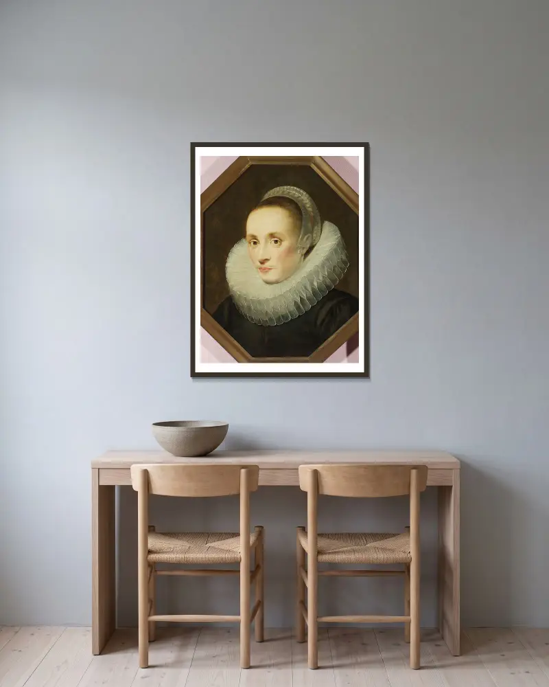 Porträtt av Margarita de Vos av Cornelis de Vos inramad på en vägg