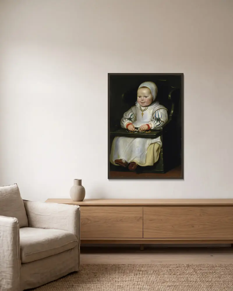 Porträtt av Susanne de Vos, konstnärens tredje dotter av Cornelis de Vos inramad på en vägg