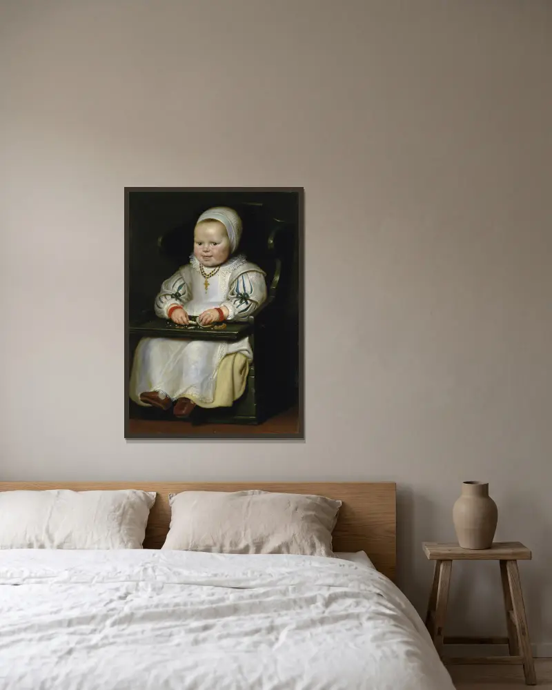 Porträtt av Susanne de Vos, konstnärens tredje dotter av Cornelis de Vos inramad på en vägg