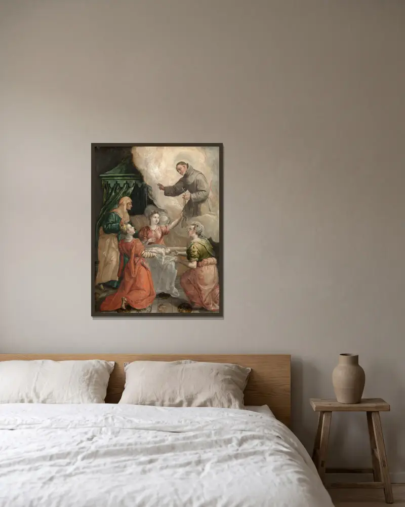 Svatý Didak pomáhá při těžkém porodu, Maerten De Vos v rámu na stěně