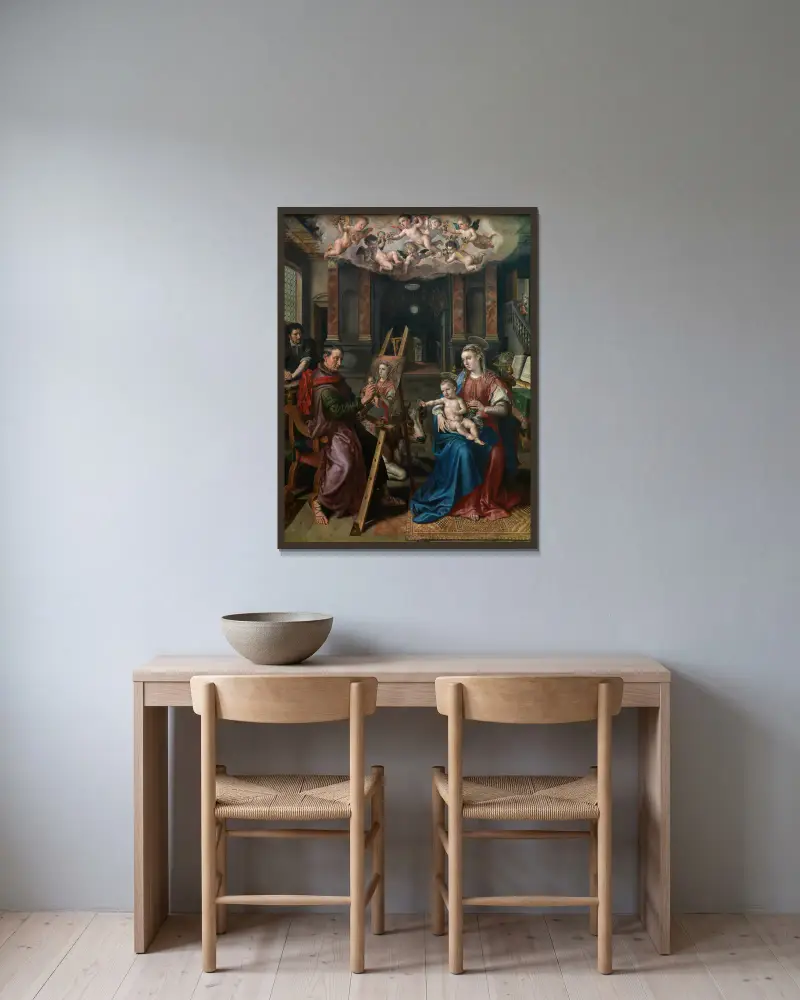 Saint Luke Painting the Virgin av Maerten De Vos inramad på en vägg