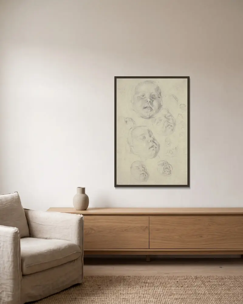 Studienblatt; Kopf und Hände eines Kleinkindes von Cornelis de Vos gerahmt an einer Wand