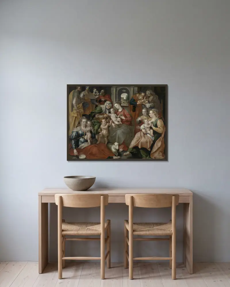 Den heliga Anna och hennes familj av Maerten De Vos inramad på en vägg