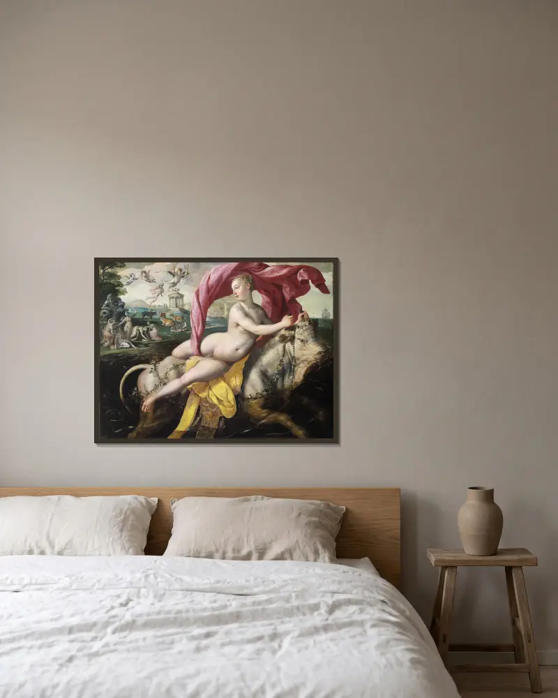 The Rape of Europa av Maerten De Vos inramad på en vägg