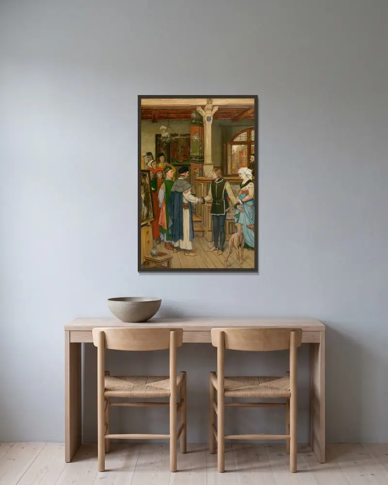Ämbetsmännen besöker Jan van Eycks verkstad av Albrecht De Vriendt inramad på en vägg
