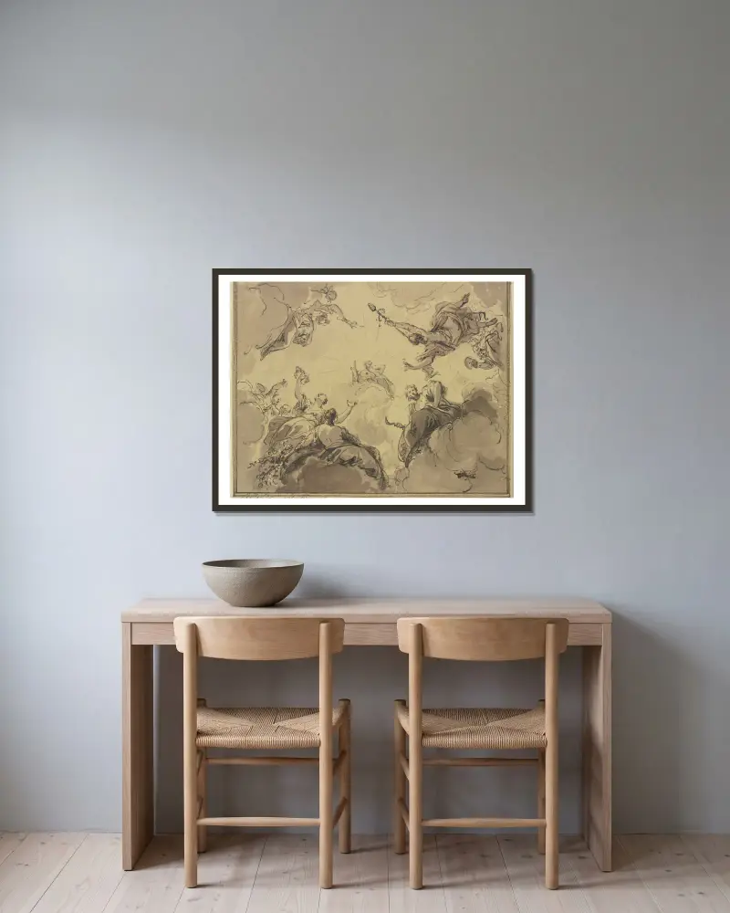 Apollo omgiven av Bacchus, Ceres, Flora och andra gudar av Jacob de Wit inramad på en vägg