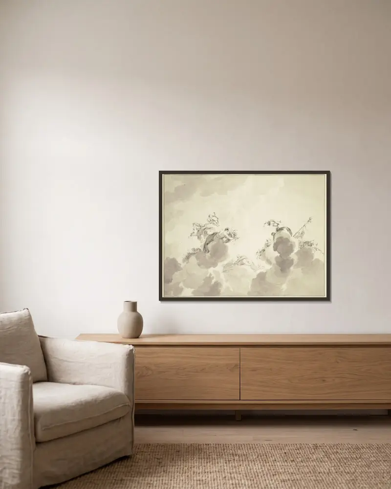 Bacchus, Ceres und Flora mit Gefolge in Wolken schwebend von Jacob de Wit gerahmt an einer Wand