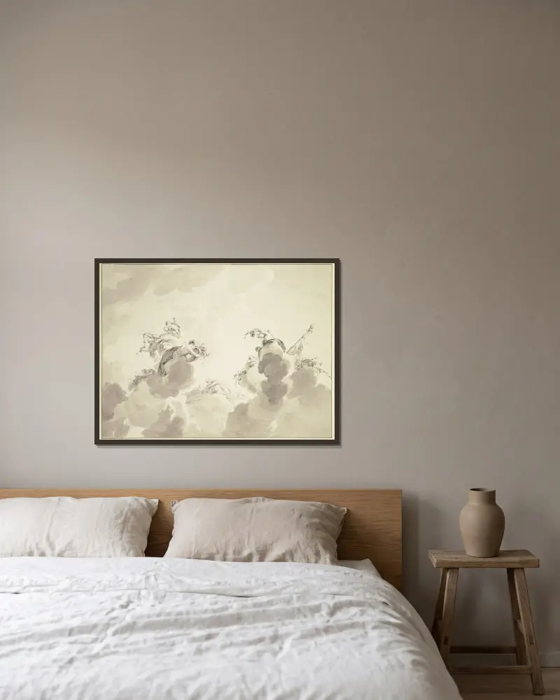 Bacchus, Ceres und Flora mit Gefolge in Wolken schwebend von Jacob de Wit gerahmt an einer Wand