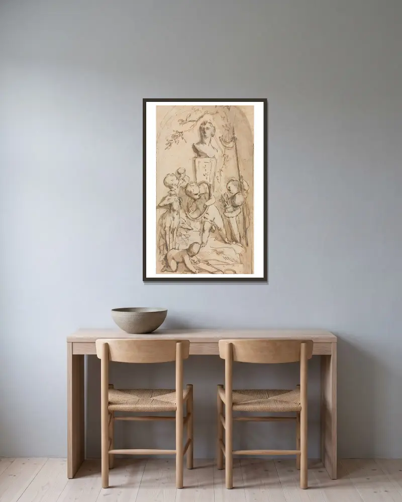 Büste der Diana mit Putti und Jagdattributen von Jacob de Wit gerahmt an einer Wand