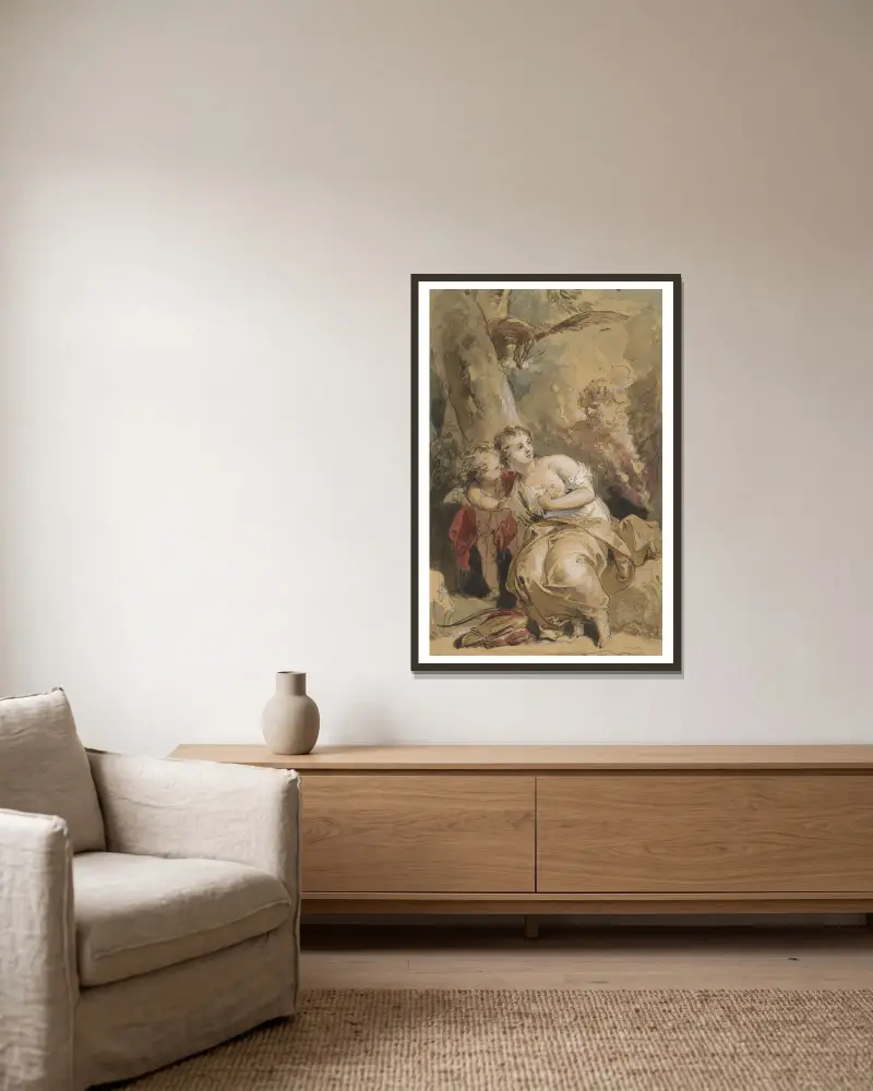 Kallisto, Amor och Jupiter med örnen av Jacob de Wit inramad på en vägg