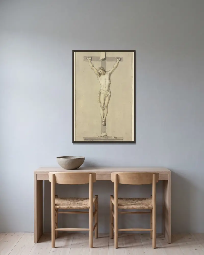 Christ on the cross av Jacob de Wit inramad på en vägg