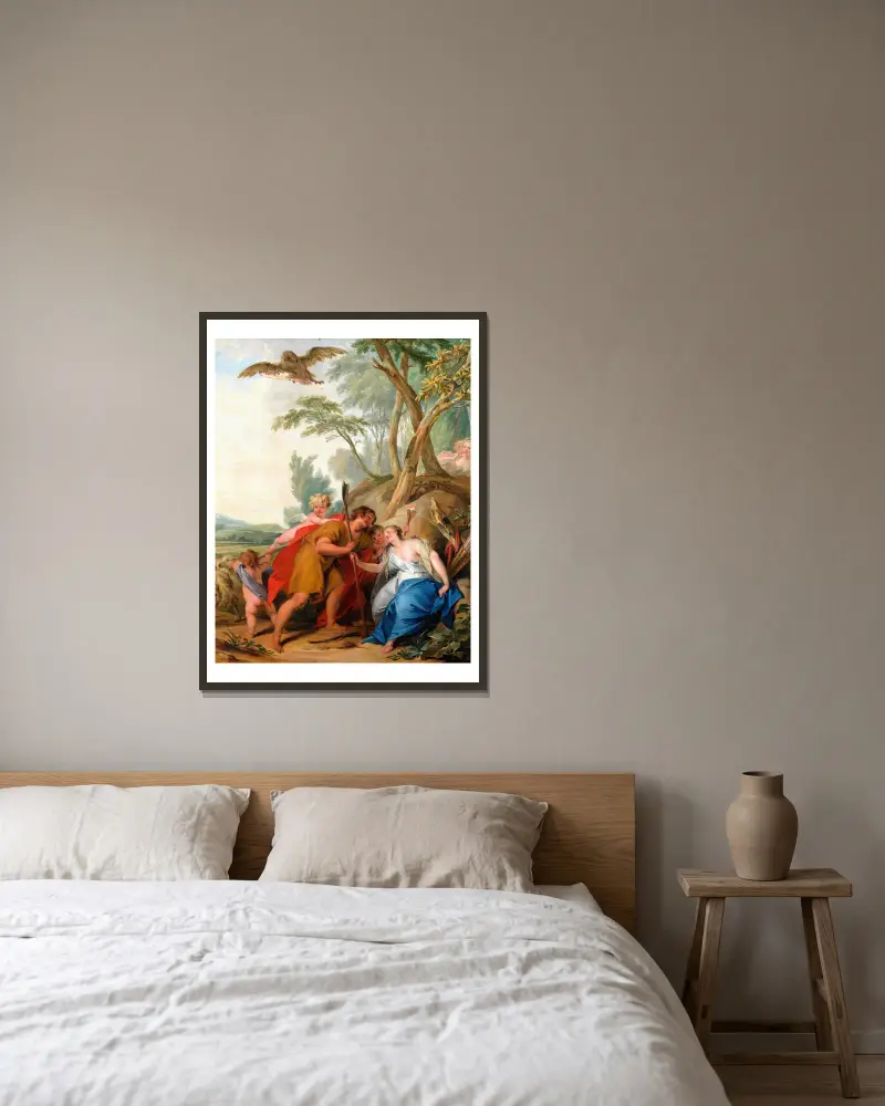 Jupiter, förklädd till herde, förför Mnemosyne, minnenas gudinna av Jacob de Wit inramad på en vägg
