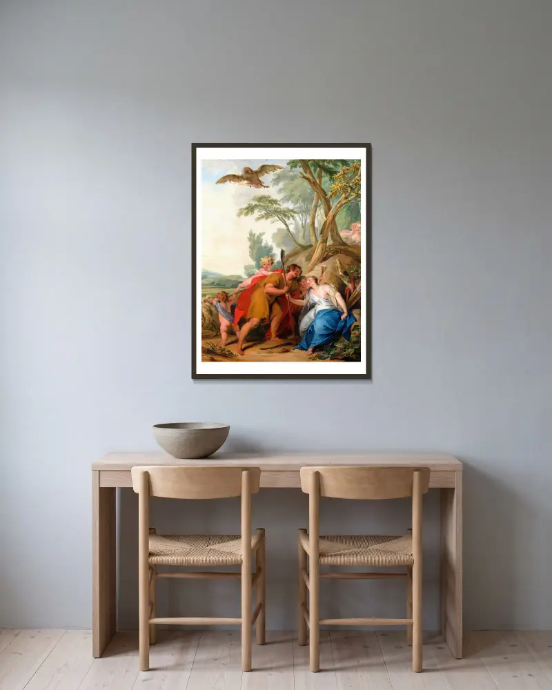 Jupiter, förklädd till herde, förför Mnemosyne, minnenas gudinna av Jacob de Wit inramad på en vägg