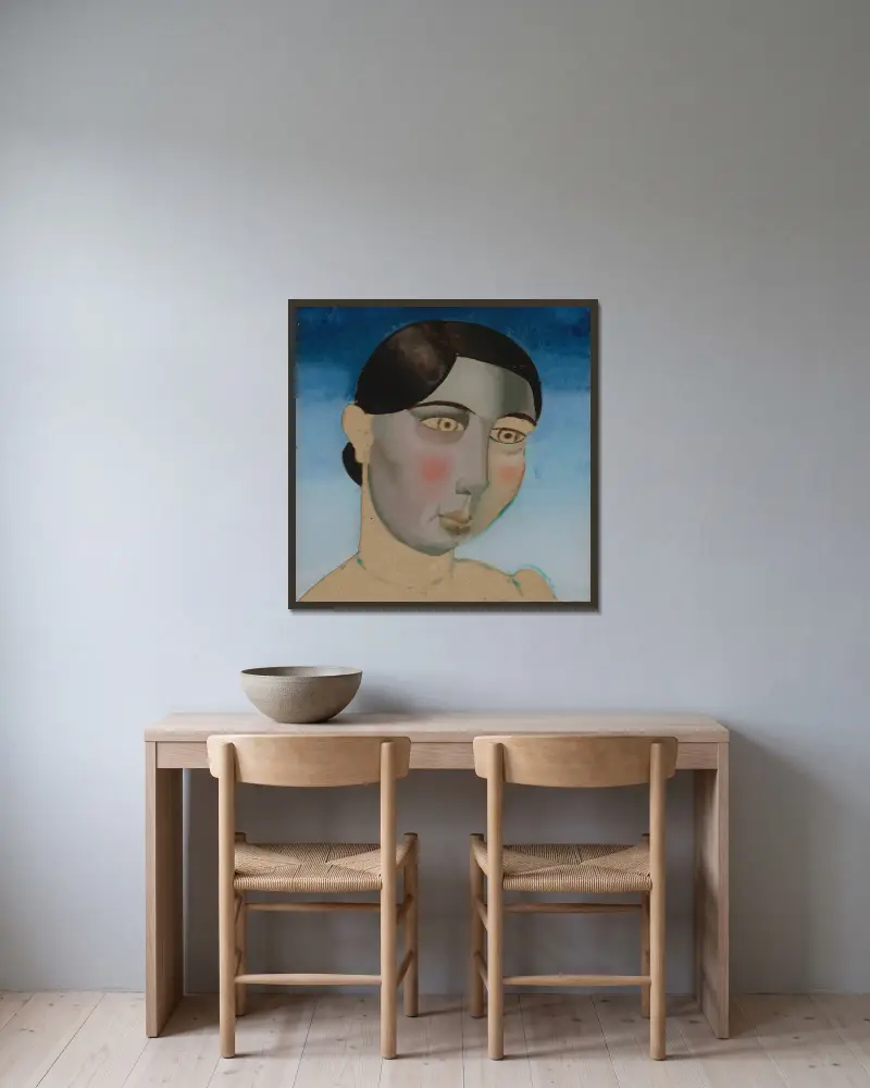 Porträtt av en kvinna – nr 1 av Gustave Van de Woestijne inramad på en vägg