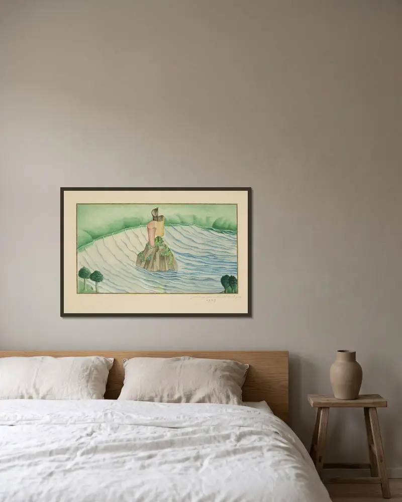 Klippö med banderoll mitt i en sjö av Gustave Van de Woestijne inramad på en vägg