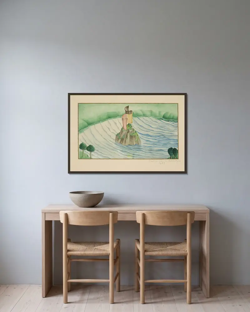 Klippö med banderoll mitt i en sjö av Gustave Van de Woestijne inramad på en vägg
