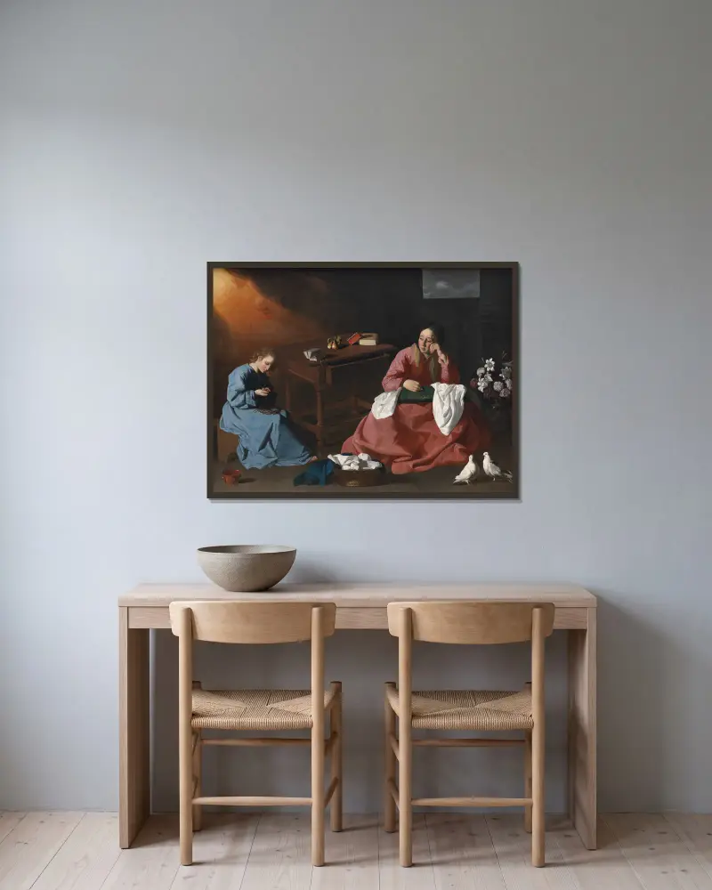 Kristus och jungfrun i huset i Nasaret av Francisco de Zurbarán inramad på en vägg