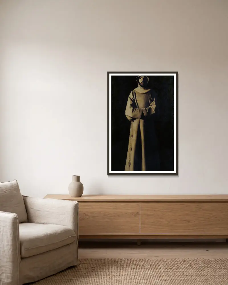 Den helige Franciskus av Assisi enligt påve Nicolaus V:s vision av Francisco de Zurbarán inramad på en vägg